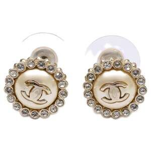CHANEL 16A Coco Mark Rhinestone Imitation Pearl Earrings, Champagne Gold, Wom...